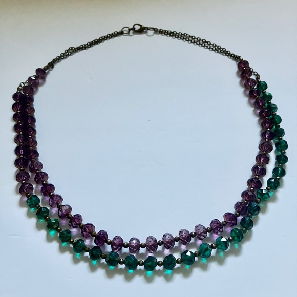 Purple and Green Faceted Czech Glass Beaded Layered Necklace Brass Accents - Picture 11 of 12
